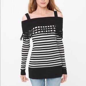 WHBM Cold-Shoulder Stripe Fringe Tunic Sweater